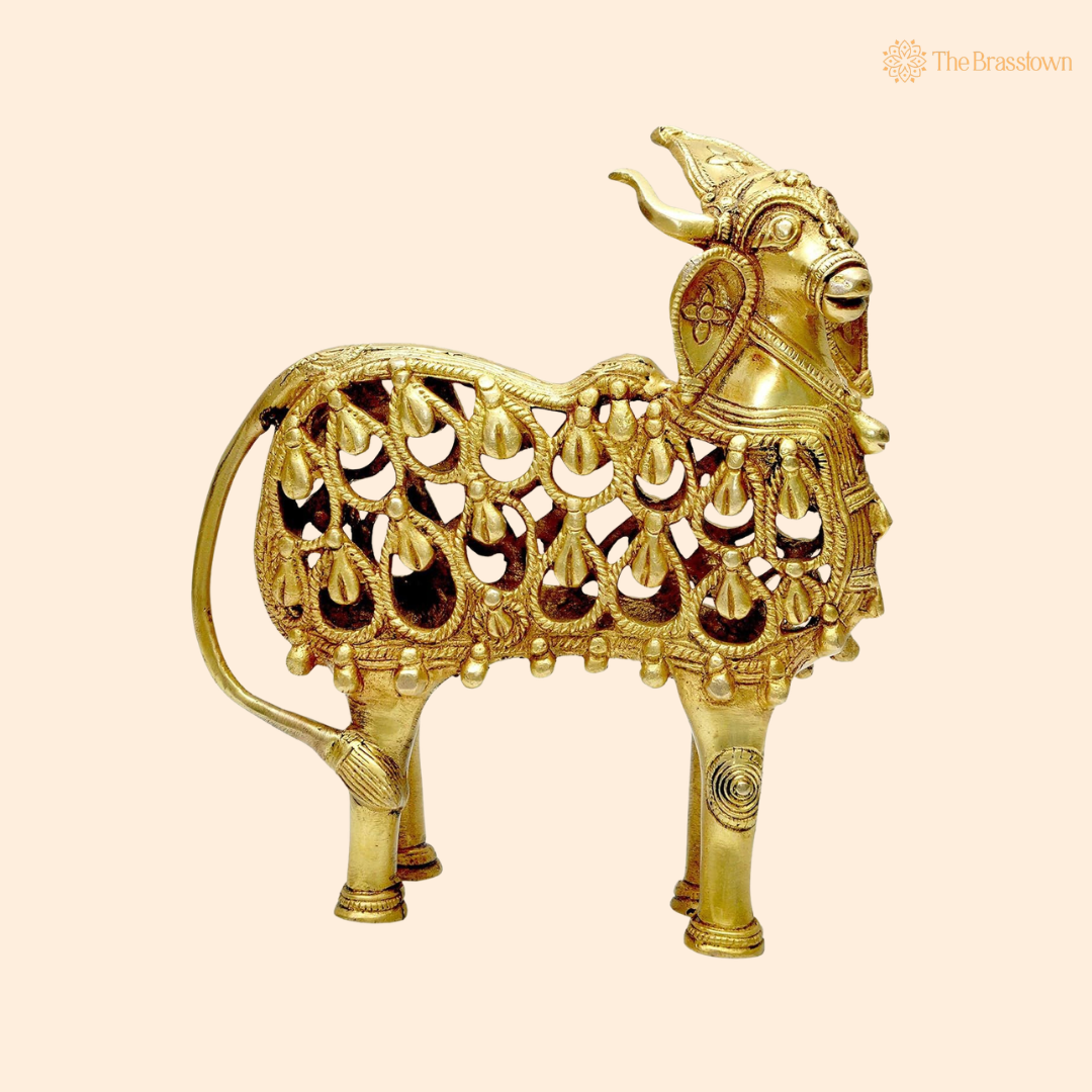 Antique Brass Tribal Cow Showpiece 9 Inch front view – pure brass handcrafted India