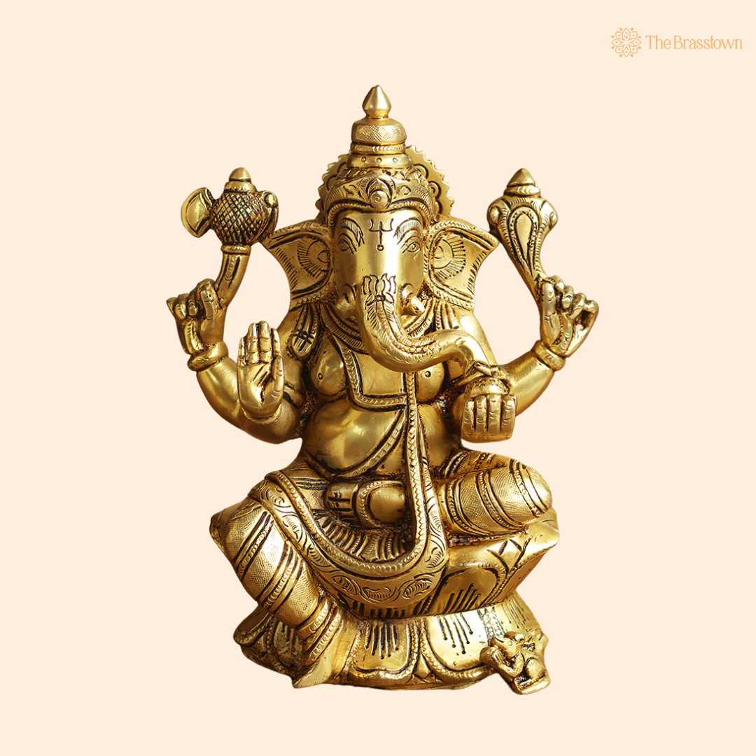 Brass Ganesh Sitting Statue 8 Inch front view – pure brass handcrafted India