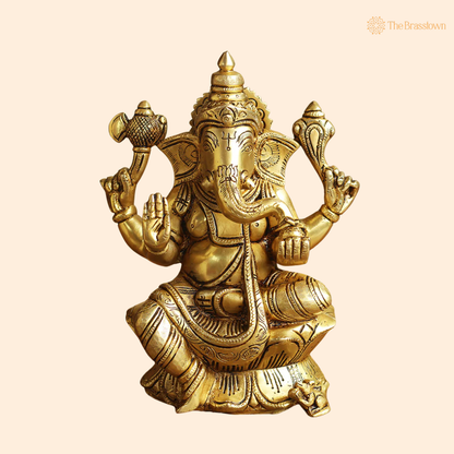 Brass Ganesh Sitting Statue 8 Inch front view – pure brass handcrafted India