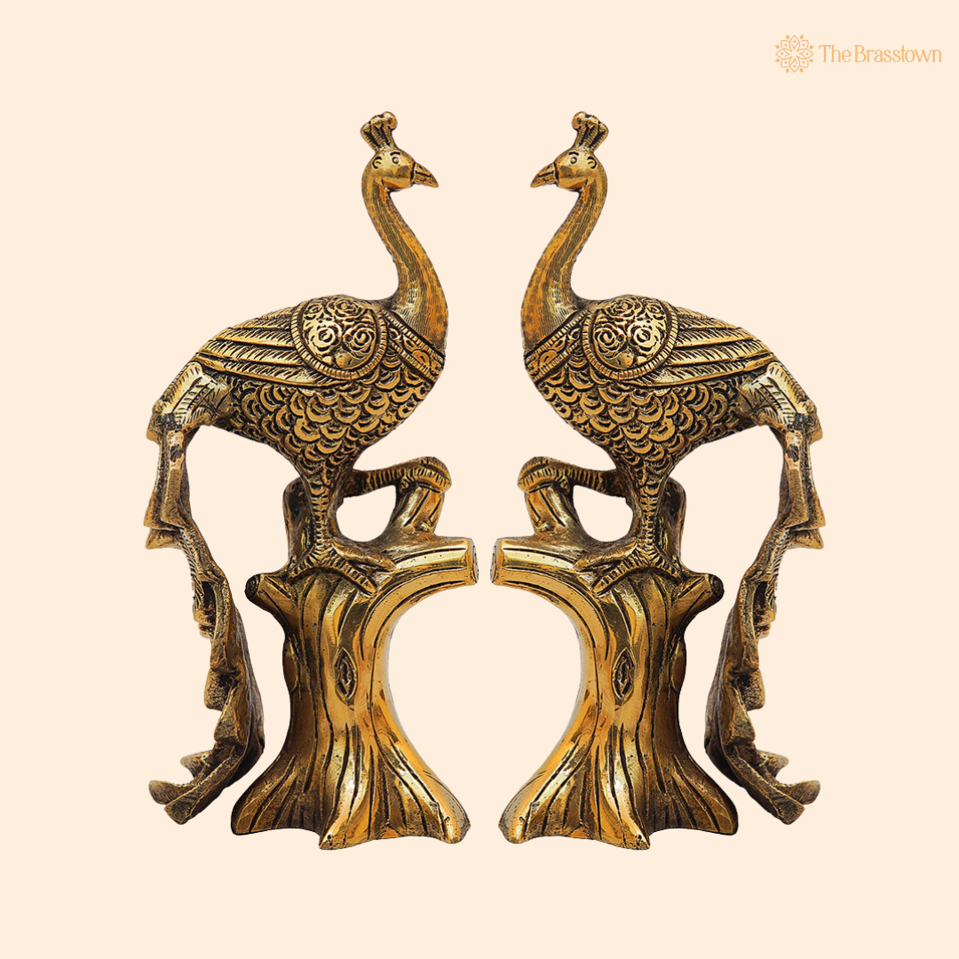 Antique Brass Peacock on Tree 8.5 Inch front view – pure brass handcrafted India