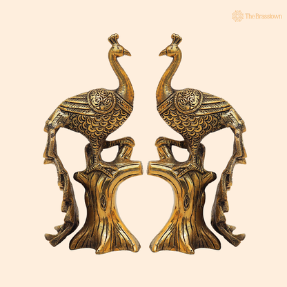 Antique Brass Peacock on Tree 8.5 Inch front view – pure brass handcrafted India