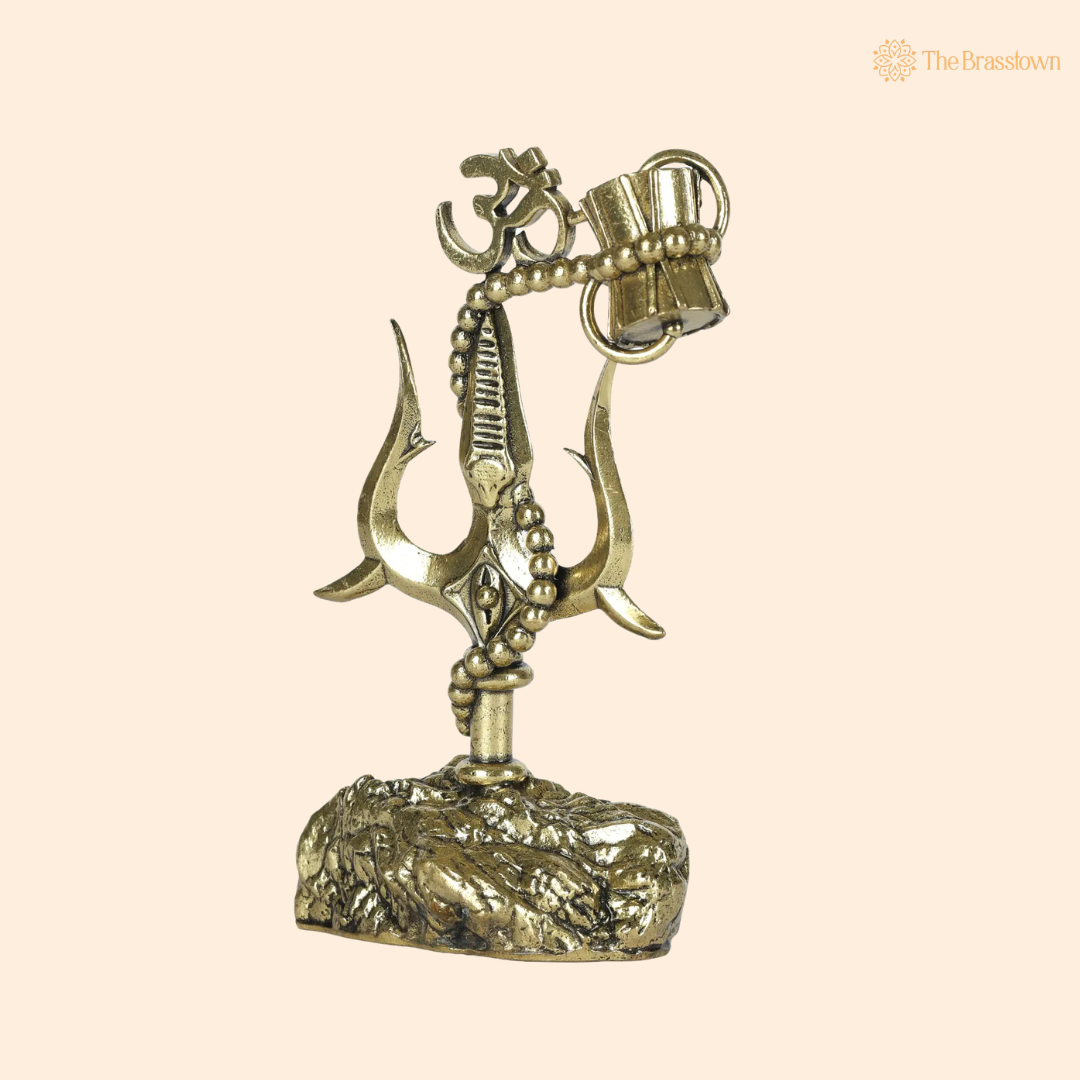 Brass Trishul with Damru and 4 Inch front view – pure brass handcrafted India