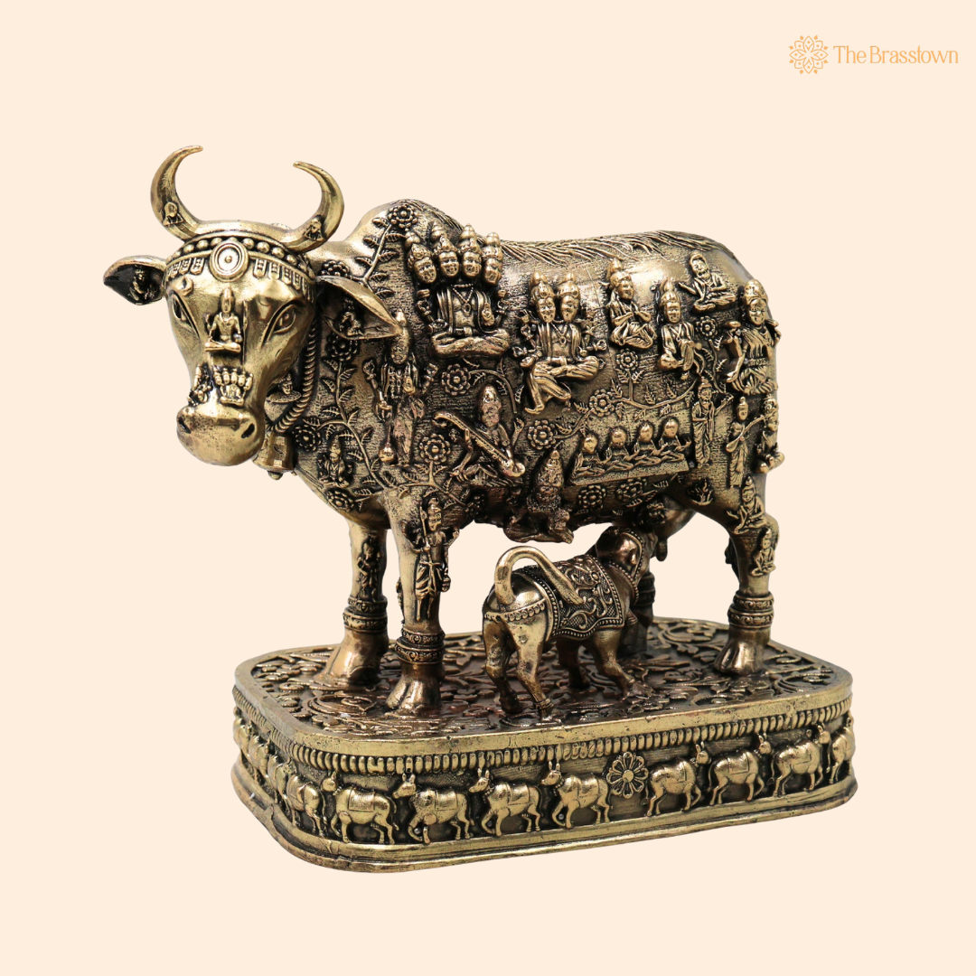 Handcrafted Brass Kamdhenu Gomata Surabhi Idol – Sacred Vastu &amp; Prosperity Statue for Home Temple, Office &amp; Gifting 6 Inch