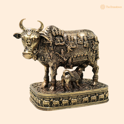 Handcrafted Brass Kamdhenu Gomata Surabhi Idol – Sacred Vastu &amp; Prosperity Statue for Home Temple, Office &amp; Gifting 6 Inch