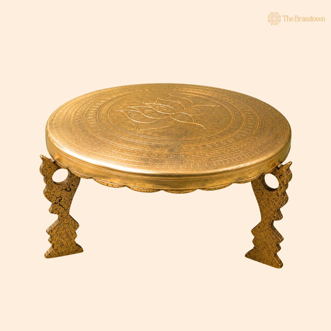 Round Lotus Brass Pooja Stand Chowki – Traditional Peetham Singhasan Circular Idol Display Base for God Idols, Diya, Urli &amp; Temple Décor 6.5 Inch