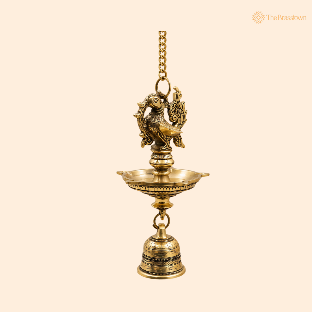 Hanging Brass Lamp Pooja Diya with Bell – Traditional Peetal Thooku Vilakku Deepam for Temple, Home Mandir &amp; Spiritual Décor 23 Inch