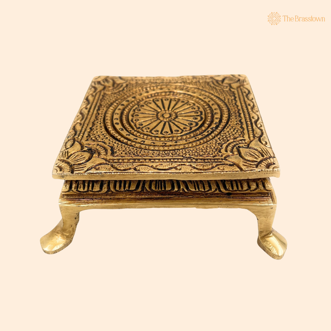 Traditonal Handcrafted Brass Chowki – Traditional Pooja Peetha / Singhasan for Idols, Kalash &amp; Ritual Use 2 Inch