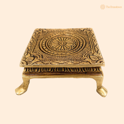 Traditonal Handcrafted Brass Chowki – Traditional Pooja Peetha / Singhasan for Idols, Kalash &amp; Ritual Use 2 Inch