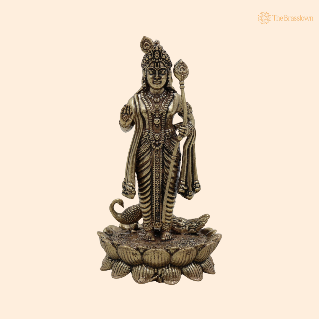 Brass Murugan Idol with Peacock 4 Inch front view – pure brass handcrafted India