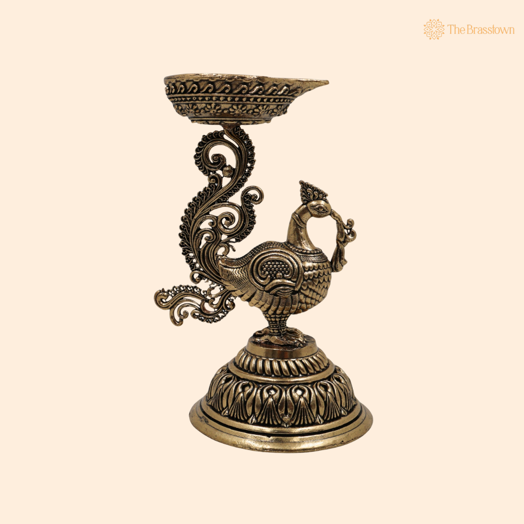 Brass Traditional Peacock Deepam Diya – Mayur Design Oil Lamp for Puja, Aarti &amp; Home Mandir Décor 4.5 Inch