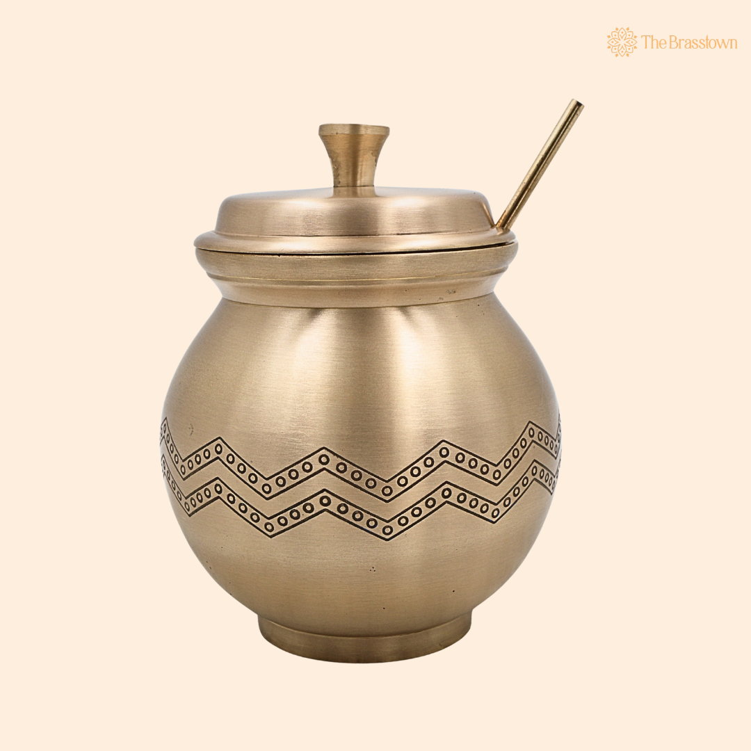 Handcrafted Brass Multi-Use Storage Box – Traditional Peetal Ghee Container, Vintage Brass Pot &amp; Multipurpose Storage Jar 5.5 Inch