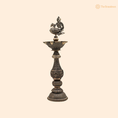 Brass Traditional Peacock Deepam Diya 8 Inch front view – pure brass handcrafted India