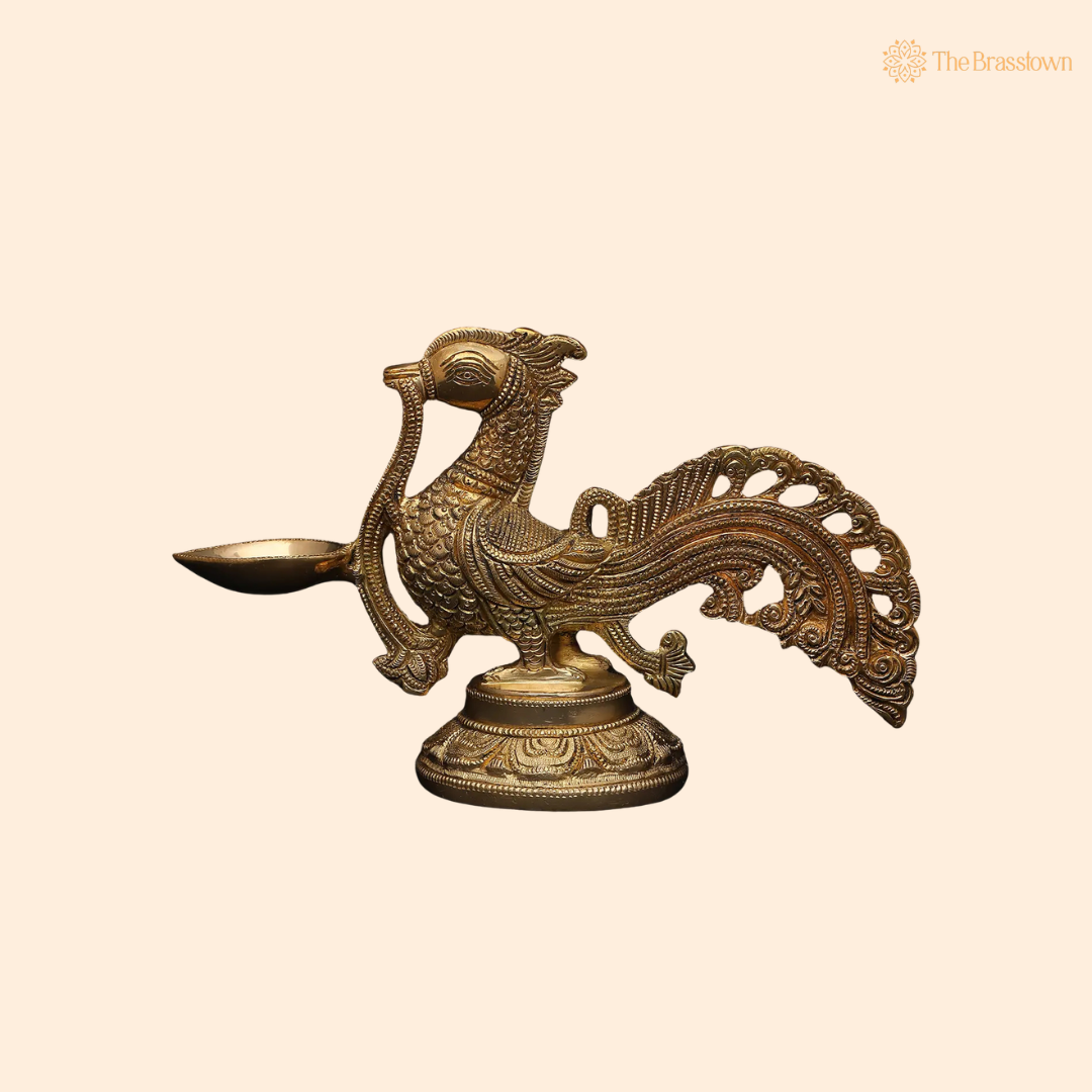 Antique Brass Bird Diya Oil Lamp Stand – Spiritual Temple Décor Diya for Puja &amp; Home Mandir 6 Inch
