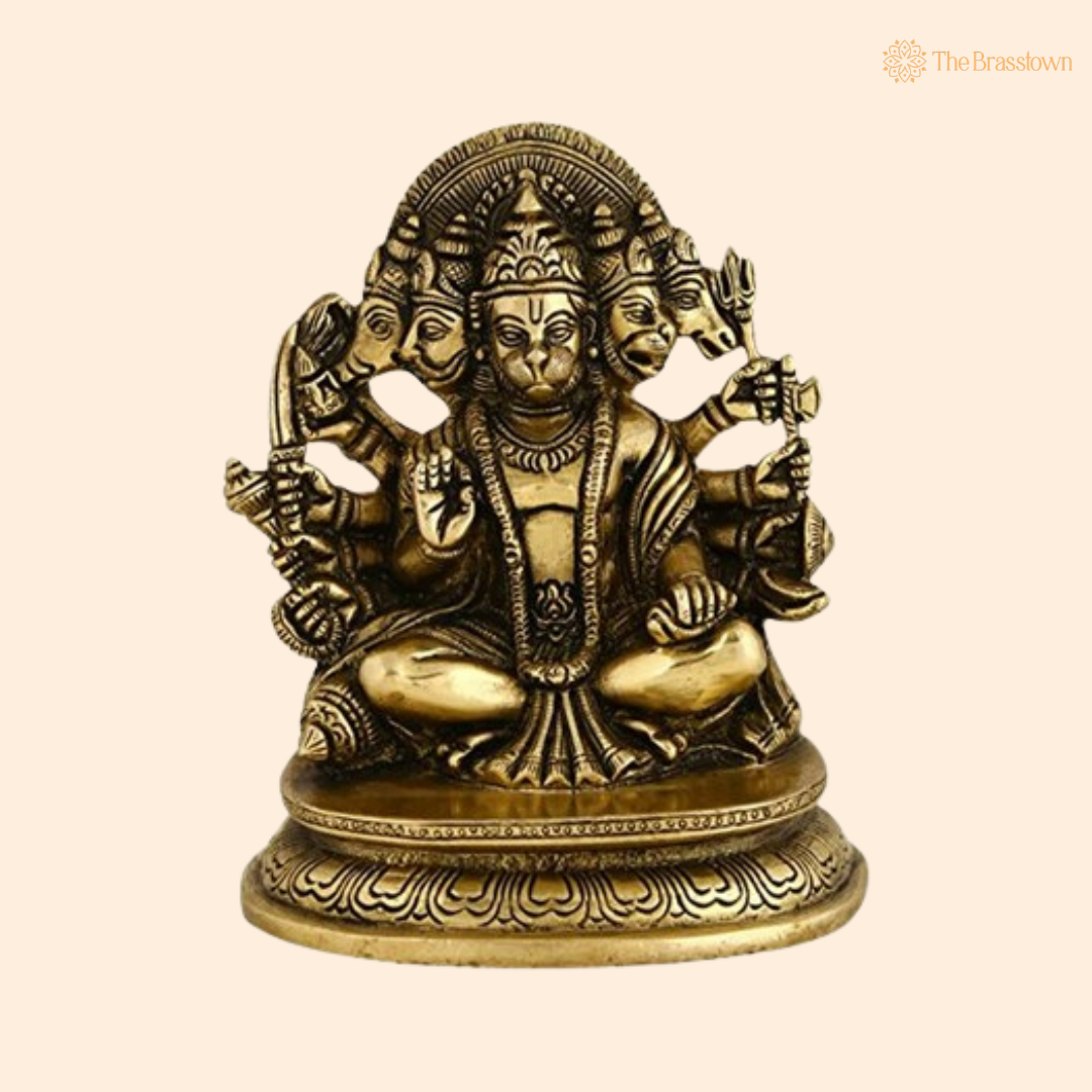 Brass Panchmukhi Hanuman Seated Idol 7 Inch front view – pure brass handcrafted India