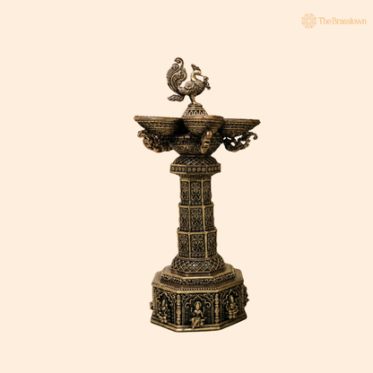 Brass  Lakshmi Peacock Vilakku Deepam – Handcrafted Peetal Oil Lamp for Pooja, Home Mandir &amp; Spiritual Décor 13 Inch