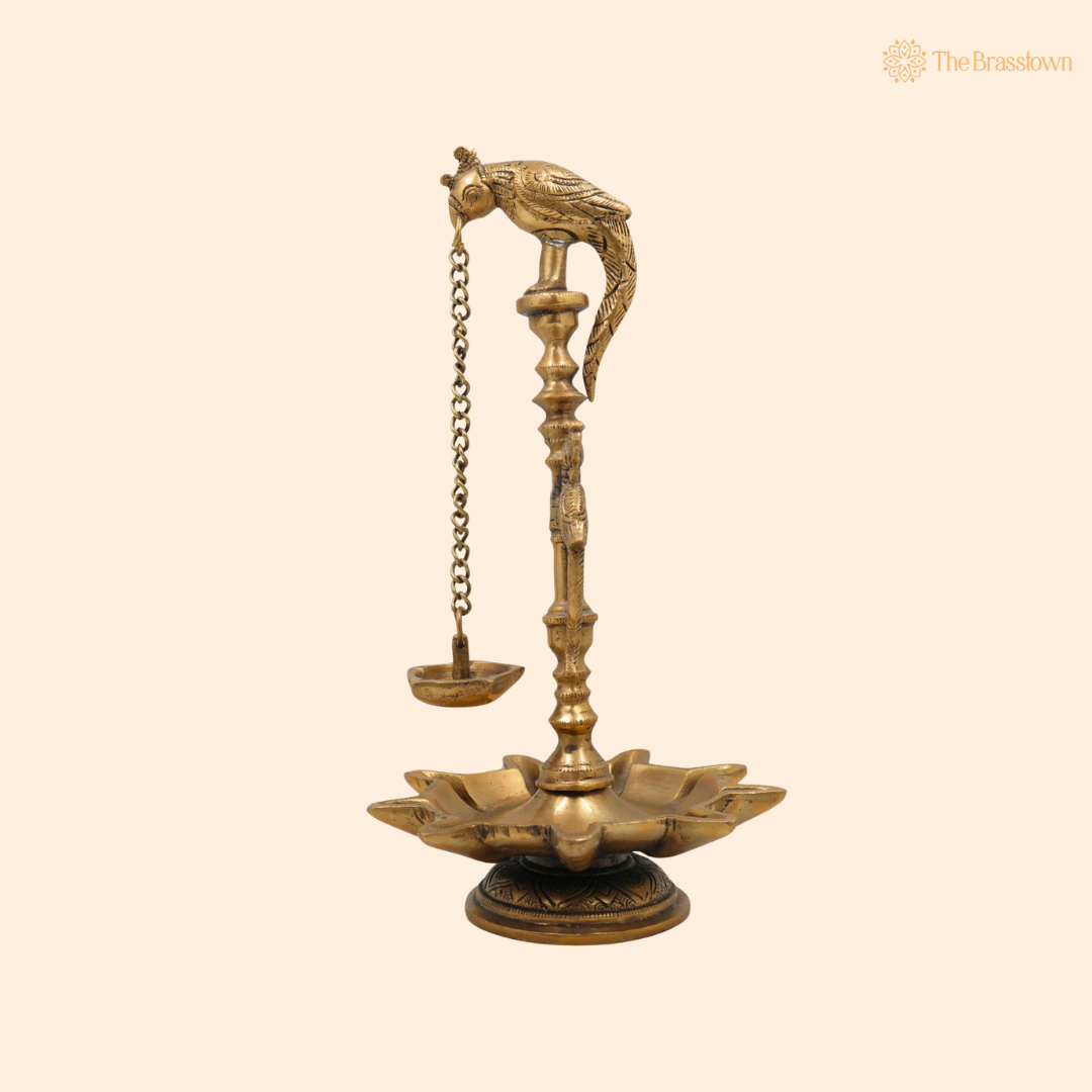Parrot Perch Brass Hanging Diya 13 Inch front view – pure brass handcrafted India