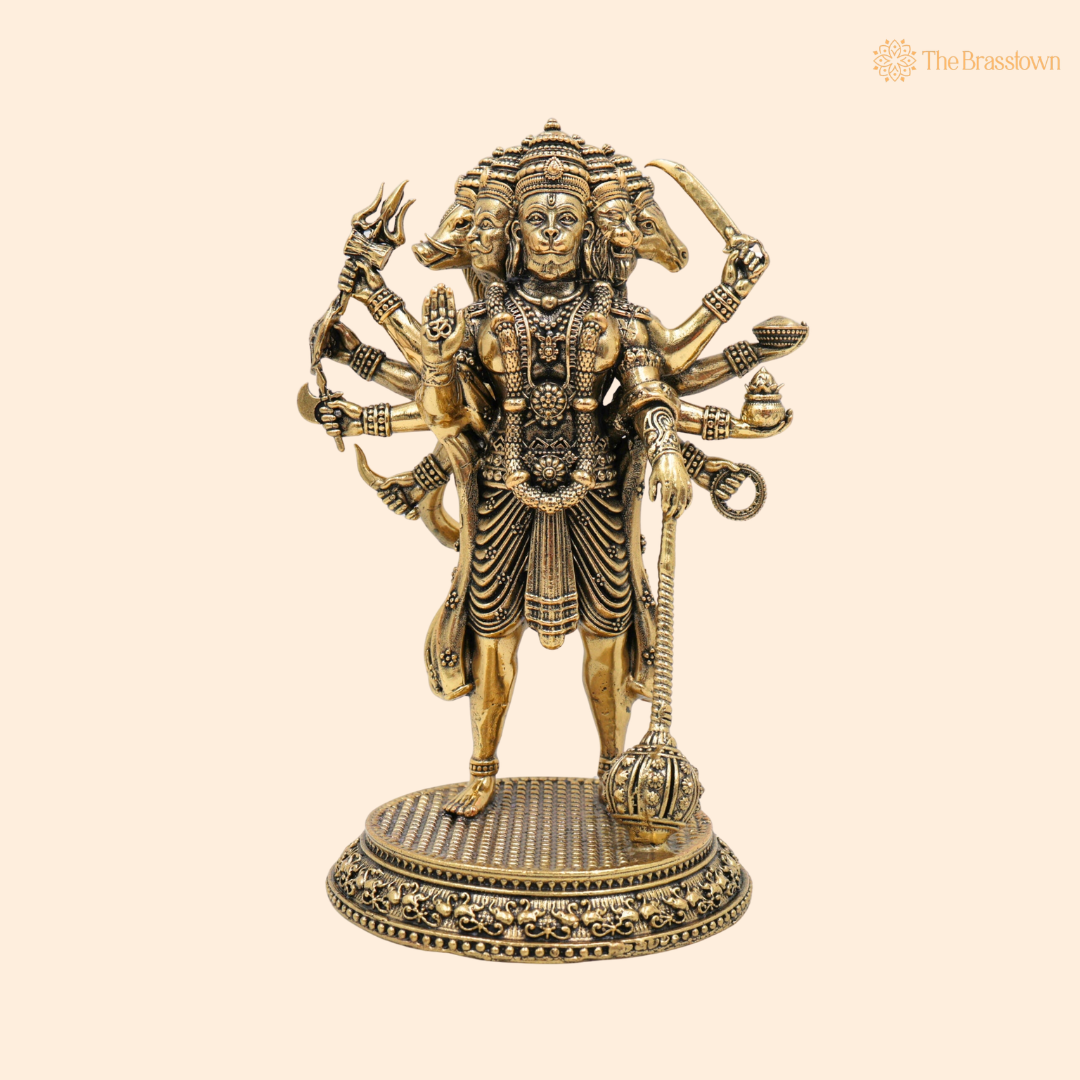 Brass Panchmukhi Hanuman Idol 6.5 Inch front view – pure brass handcrafted India