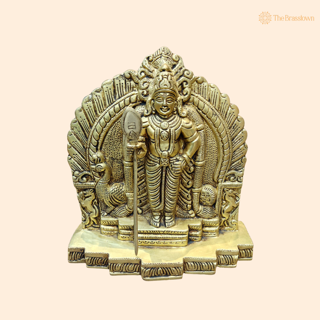 Brass Standing Murugan Swamy Kartikeya Idol with Peacock – Fine Golden Finish for Puja &amp; Home Mandir 9 Inch