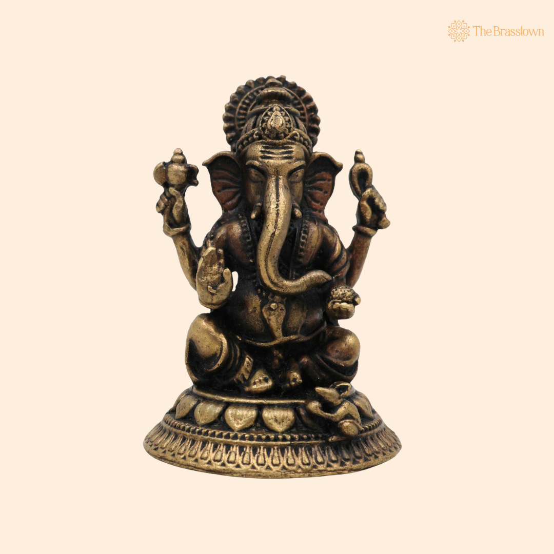 Handcrafted Brass Ganpati Bappa Idol 2 Inch front view – pure brass handcrafted India