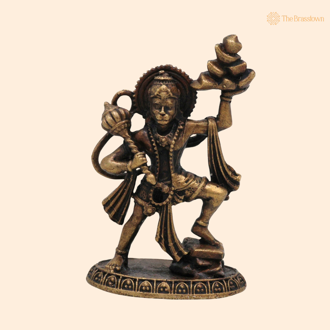 Brass Hanuman Idol with Sanjeevini 2 Inch front view – pure brass handcrafted India