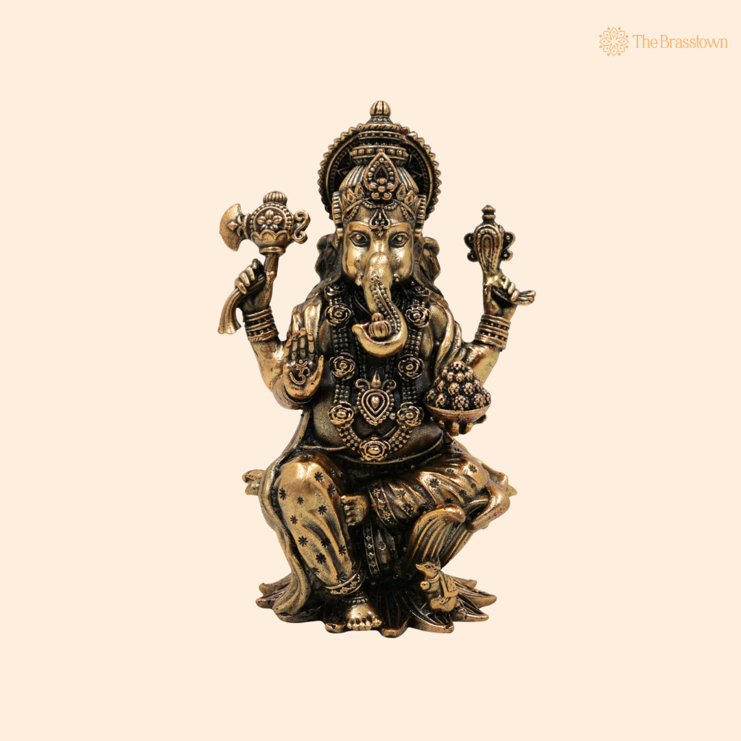 Handcrafted Brass Ganpati Bappa Idol 4 Inch front view – pure brass handcrafted India