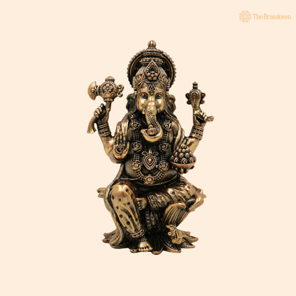 Handcrafted Brass Ganpati Bappa Idol 4 Inch front view – pure brass handcrafted India