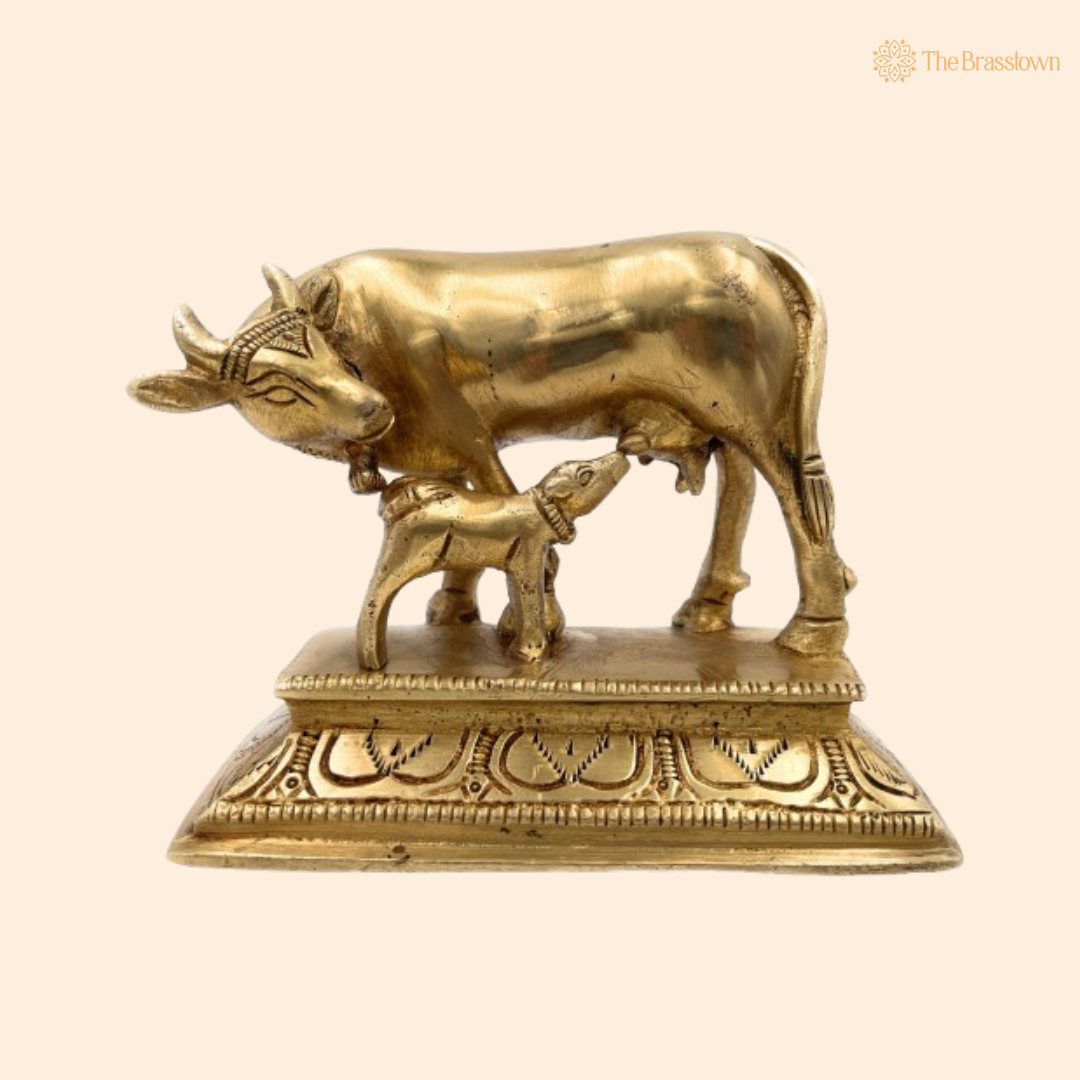 Sacred Brass Cow and Calf Statue 4.5 Inch