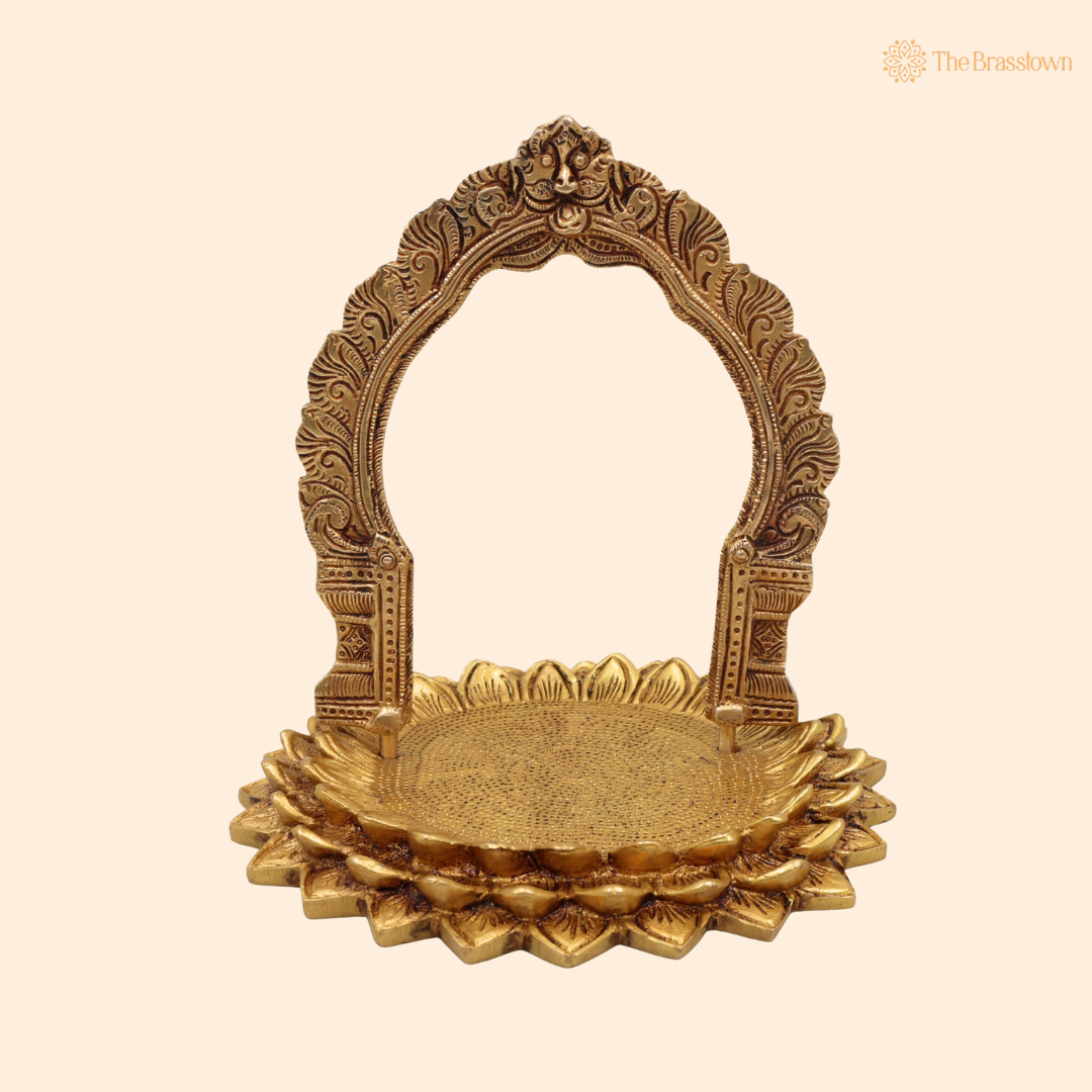Brass Lotus Singhasan Chowki with 8 Inch front view – pure brass handcrafted India