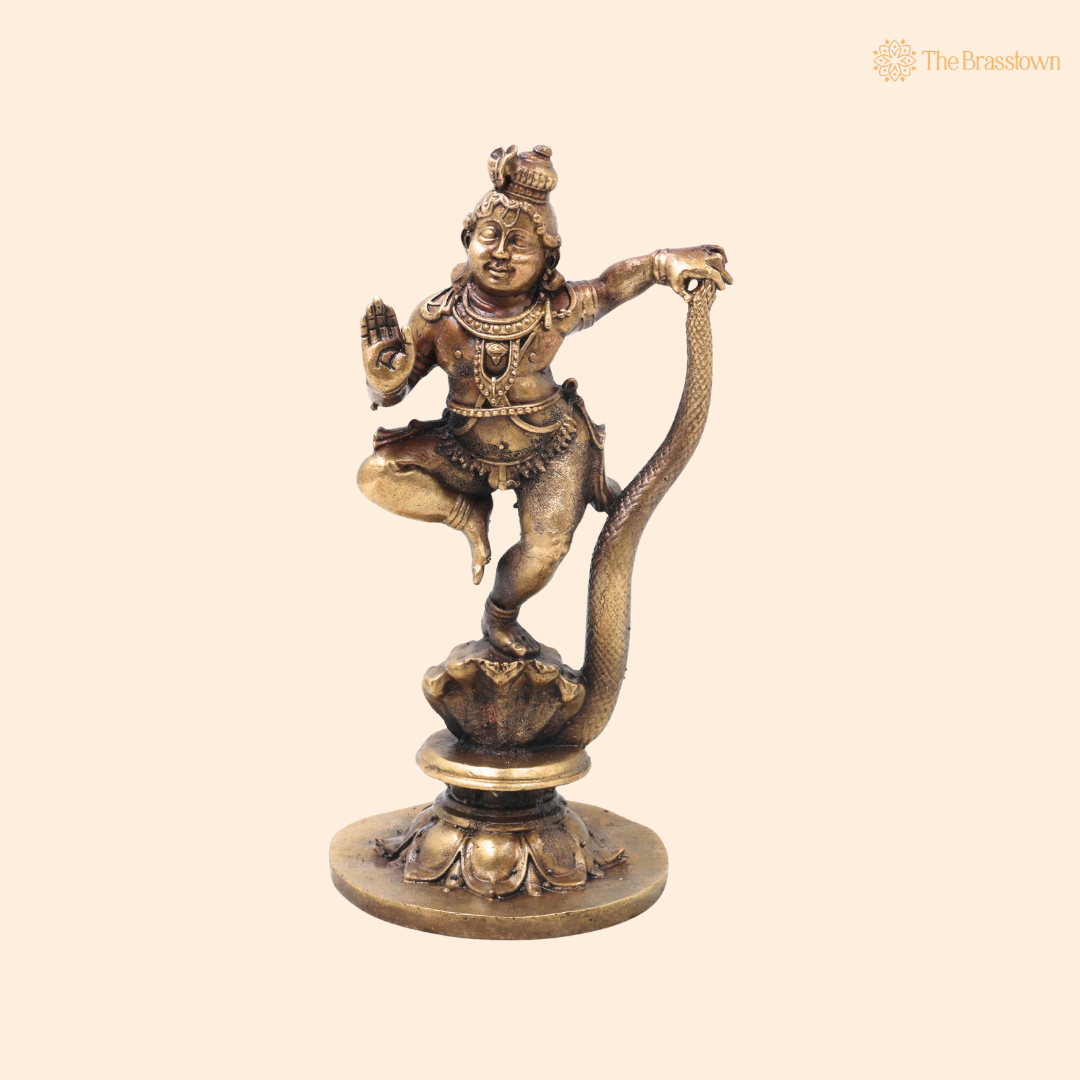 Brass Kaliya Mardana Krishna Idol – Handcrafted Chola Style Kaliya Daman Govinda Murti for Pooja, Home Mandir, Décor &amp; Spiritual Gifting 5.5 Inch
