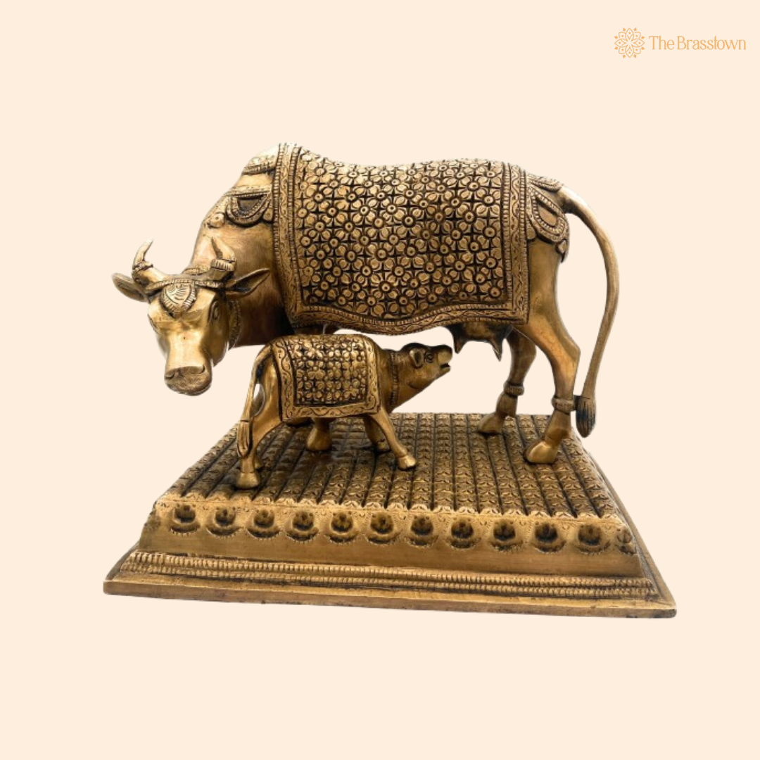 Elegant Brass Cow and Calf Statue 9  Inch