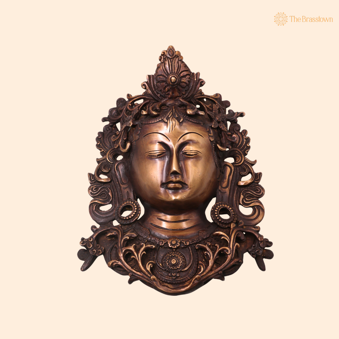 Handcrafted Brass Tara Devi Mask Wall Hanging – Handcrafted Mahavidya Goddess Face Wall Décor for Pooja, Home Mandir &amp; Spiritual Gifting 11.5 Inch