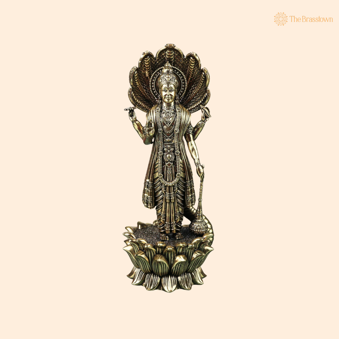 Handcrafted Brass Maha Vishnu Idol – Lord Narayana Perumal Murti for Home Temple, Pooja &amp; Spiritual Decor 11 Inch