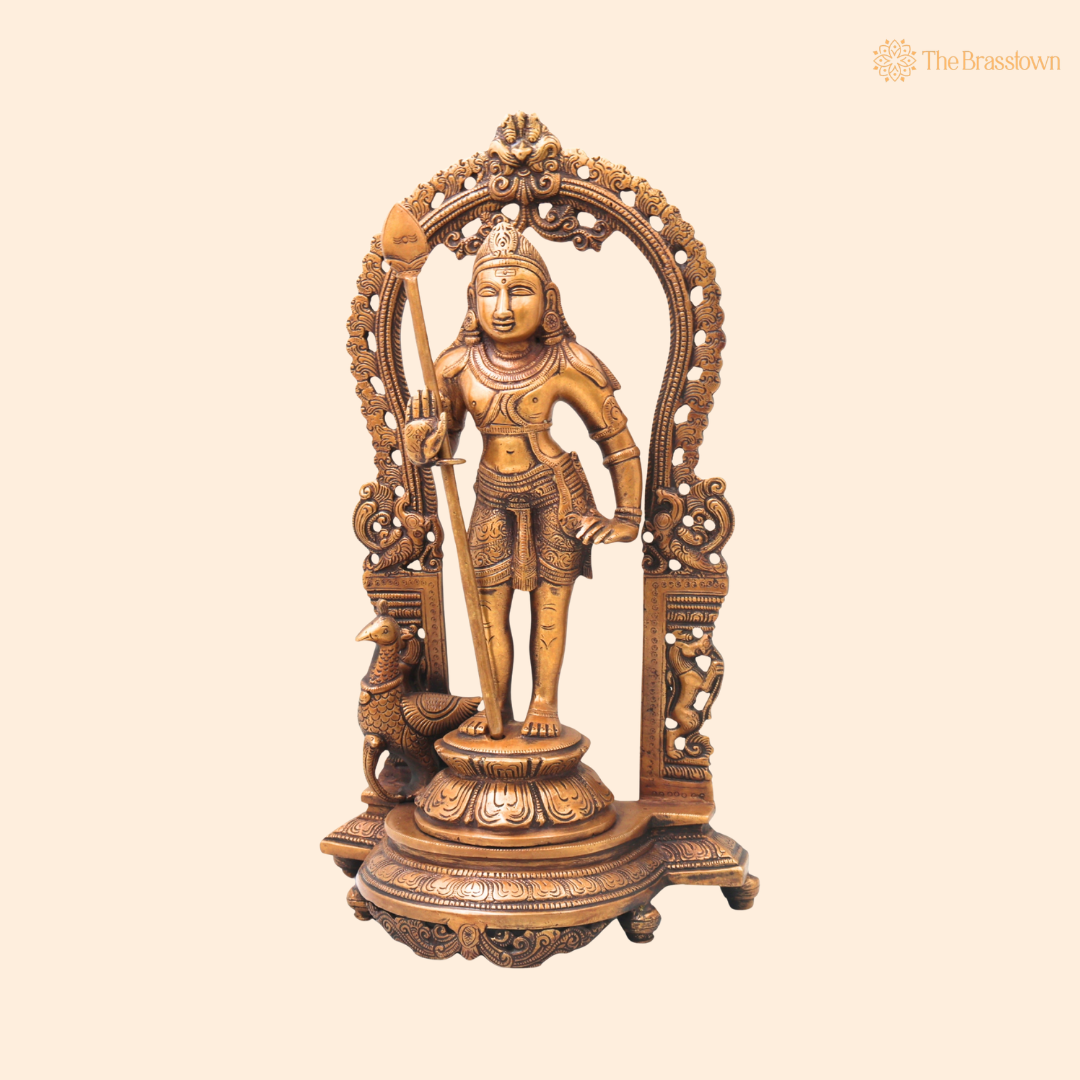 Brass Subramanya Murugan Idol – Fine Golden Finish for Puja &amp; Home Mandir 15 Inch