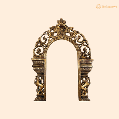 Brass Hand-Carved Prabhaval Arch Frame for Deity with Dual Yali – Handcrafted Arch Wall Hanging for Home Temple, Deity Décor &amp; Spiritual Ambience 13 Inch