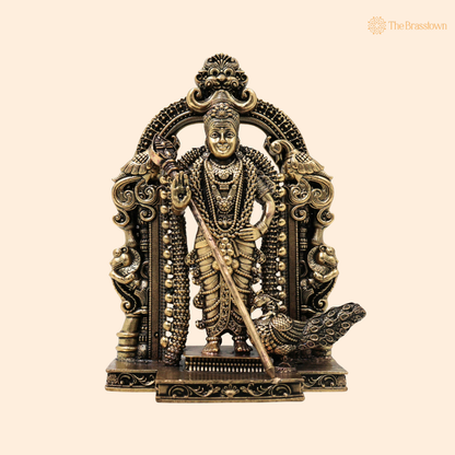 Brass Murugan Subramanya Kartikeya Idol – Fine Golden Finish for Puja &amp; Home Mandir 4.5 Inch