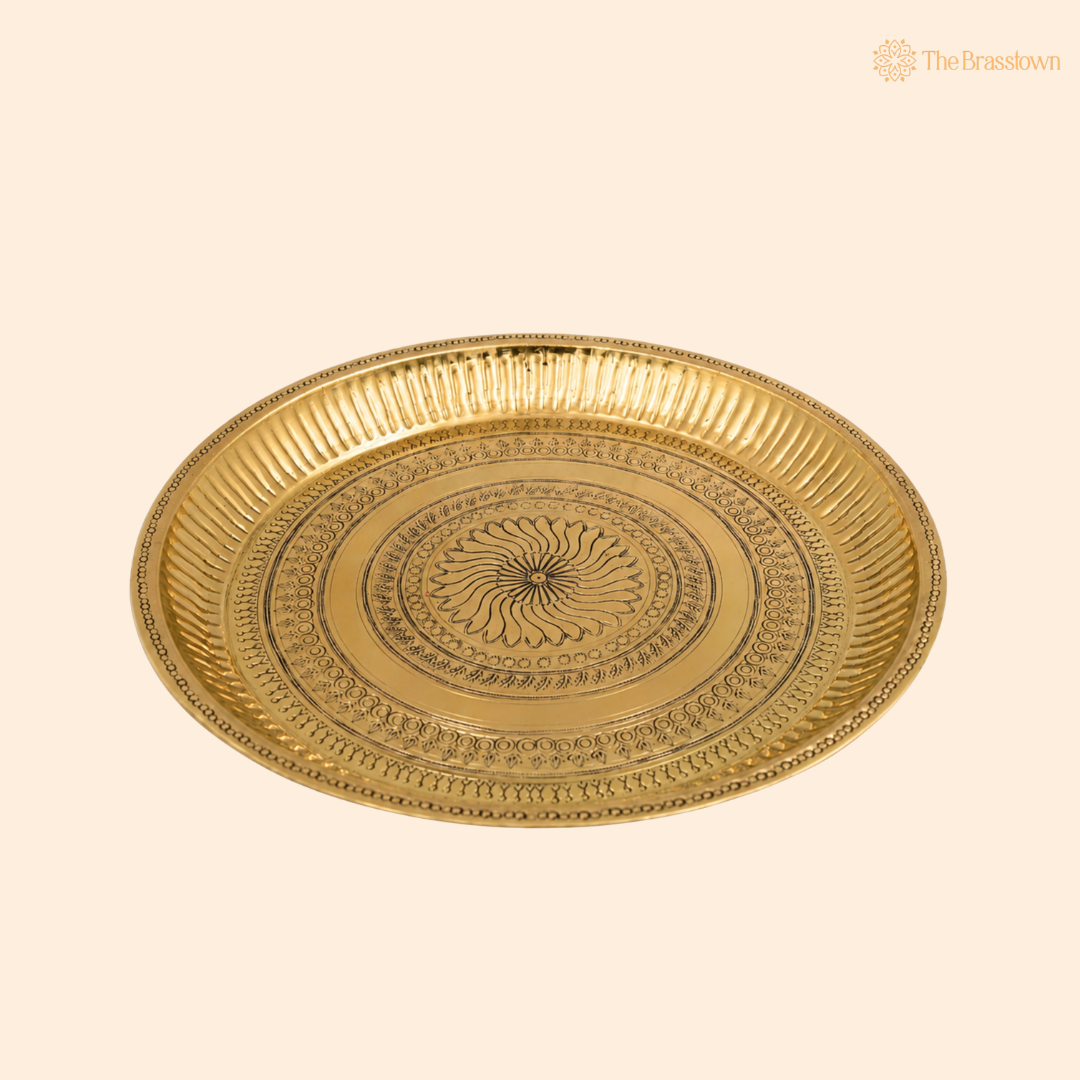 Brass Pure Peetal Thali Pooja Aarti for Mandir – Peetal Pooja Plate for Hindu Worship &amp; Temple Rituals 11.5 Inch
