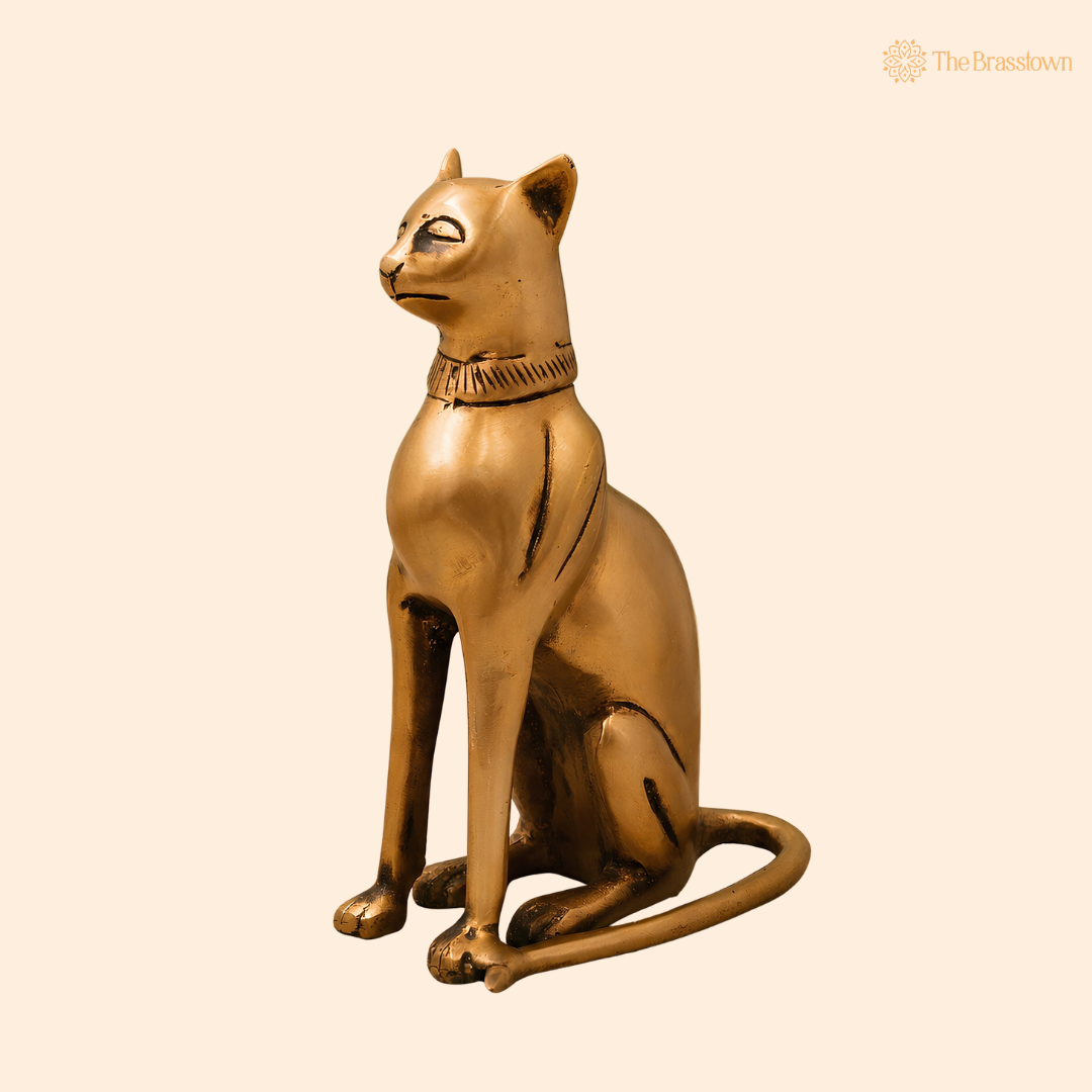 Brass Cat Idol – Handcrafted Traditional Cat Sculpture for Vastu, Home Décor, Pooja &amp; Luxury Gifting 8 Inch