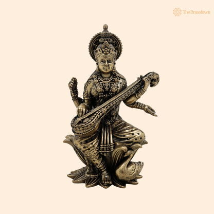 Brass Saraswati Idol 4.5 Inch front view – pure brass handcrafted India