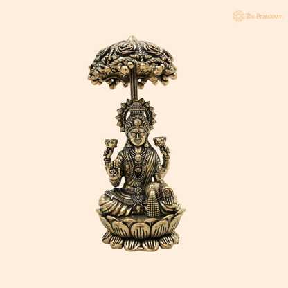 Brass Mahalakshmi Idol with Umbrella 4.5 Inch front view – pure brass handcrafted India