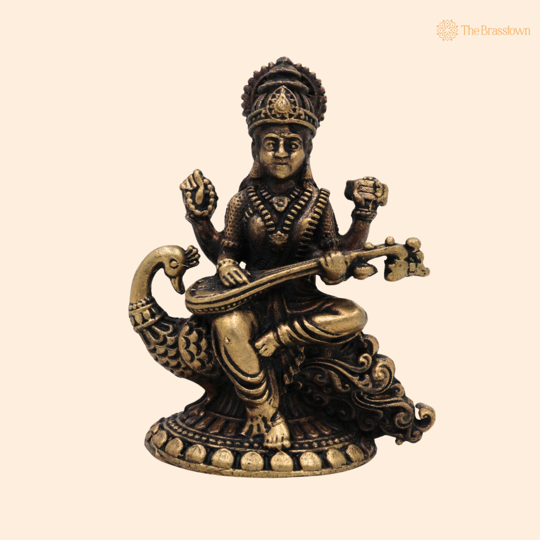 Brass Saraswati Mata Idol with 2.5 Inch front view – pure brass handcrafted India
