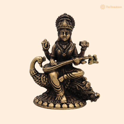 Brass Saraswati Mata Idol with 2.5 Inch front view – pure brass handcrafted India
