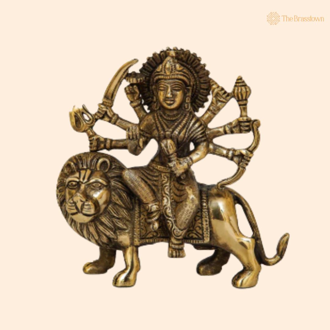 Brass Durga Maa Sherawali Idol 5.5 Inch front view – pure brass handcrafted India