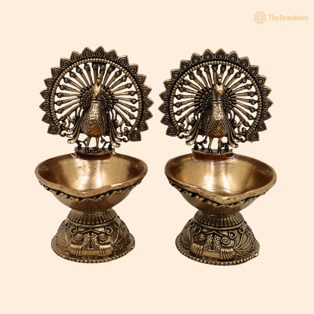 Brass Superfine Designer Peacock Diya 4 Inch front view – pure brass handcrafted India