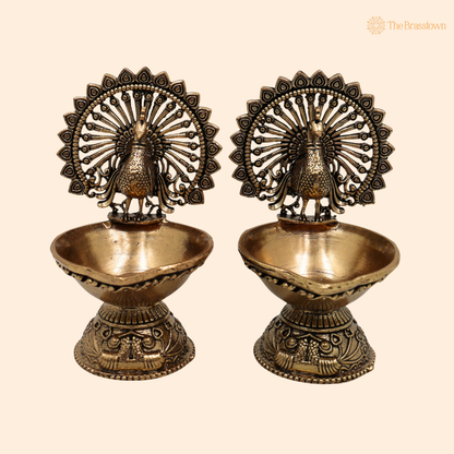 Brass Superfine Designer Peacock Diya 4 Inch front view – pure brass handcrafted India