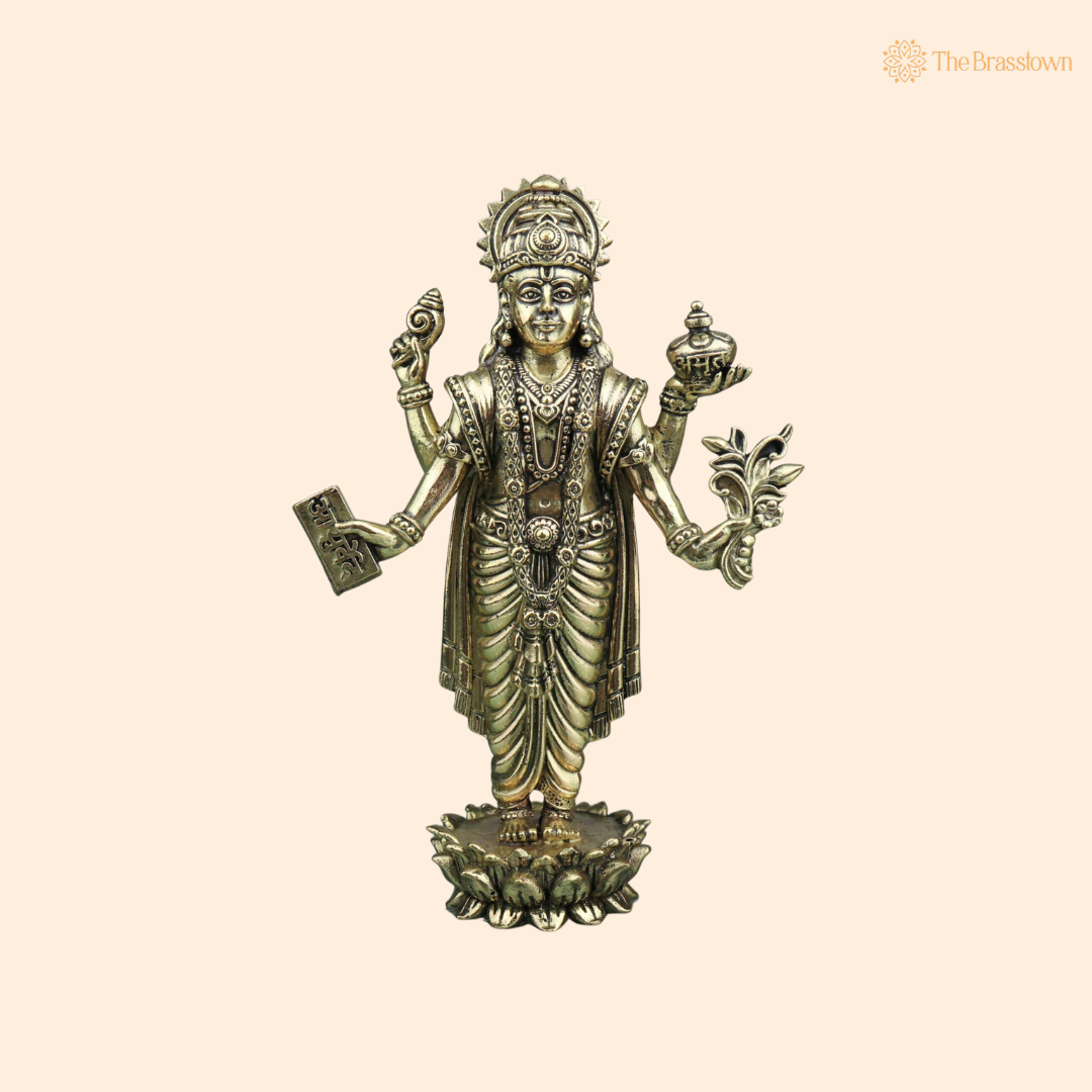 Brass Dhanvantari Idol 6 Inch front view – pure brass handcrafted India