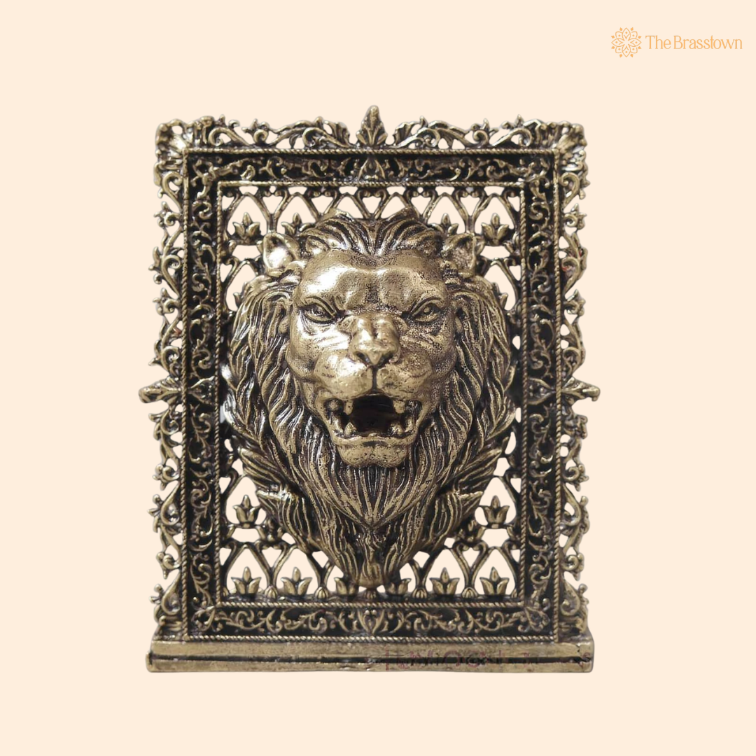 Brass Lion Face Panel – Fine Handcrafted Simha Mukh Wall Plaque for Car Dashboard, Home Décor &amp; Spiritual Protection 3 Inch