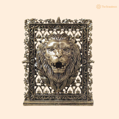 Brass Lion Face Panel – Fine Handcrafted Simha Mukh Wall Plaque for Car Dashboard, Home Décor &amp; Spiritual Protection 3 Inch