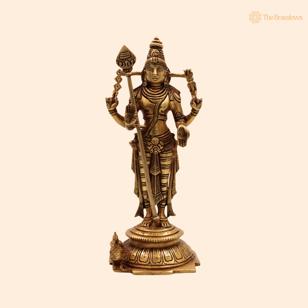 Brass Lord Murugan Idol – Kartikeya / Skanda / Subramanya Statue for Home Temple &amp; Puja 11 Inch