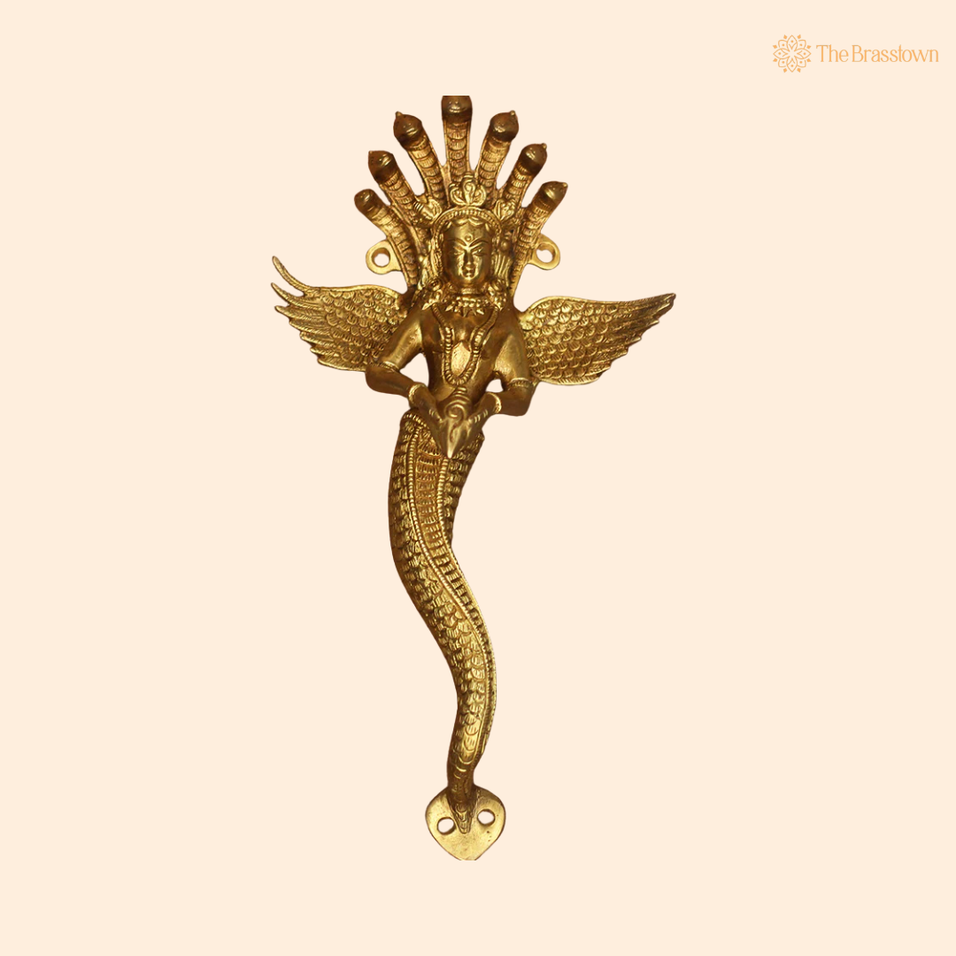Handcrafted Brass Nagkanya Door Handle 14 Inch front view – pure brass handcrafted India