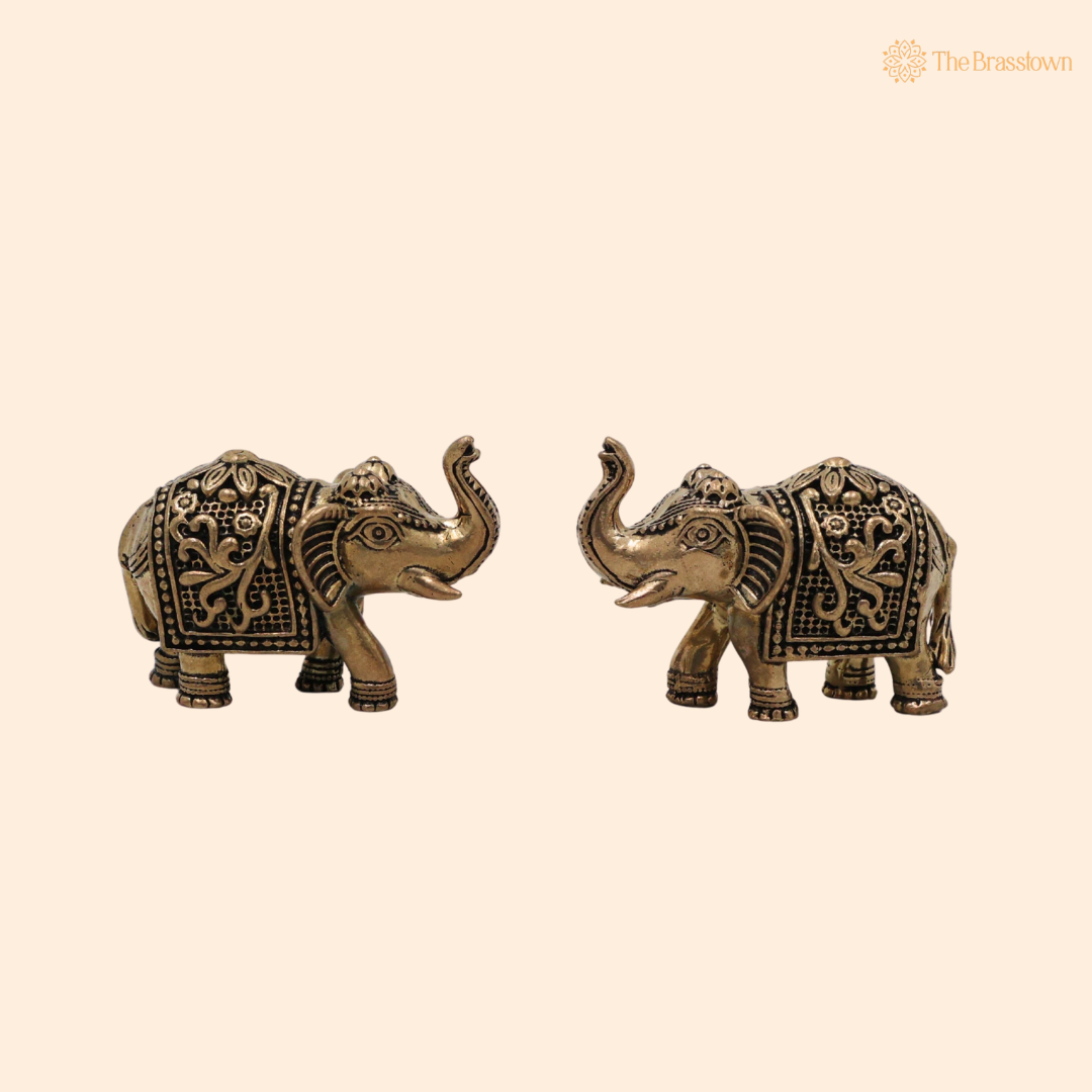 Brass Elephant Pair Showpiece 1 Inch front view – pure brass handcrafted India